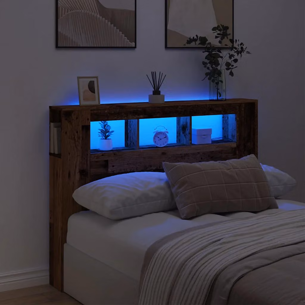 Testiera Letto con LED e Porta USB vidaXL in Legno Antico Marrone L: 140 cm, P: 18,5 cm, H: 103,5 cm