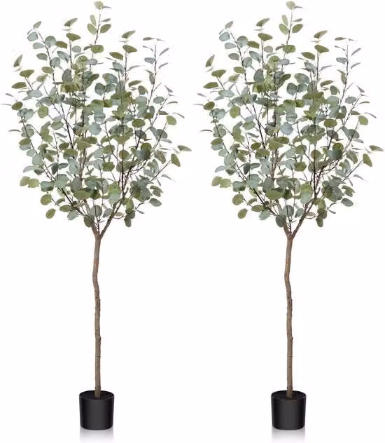 Pianta artificiale di eucalipto 150 cm Pianta decorativa per interni ed esterni Decorazione moderna pianta artificiale Pianta in plastica in vaso per casa Camera da letto Ufficio Giardino (2 pezzi)