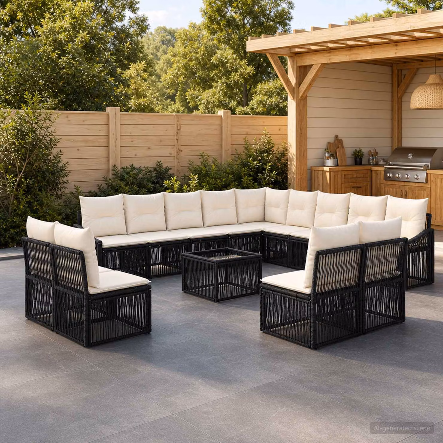 Set Divano da Giardino vidaXL 14 Pezzi a Forma di U in Polyrattan Nero e Beige con Cuscini e Tavolino