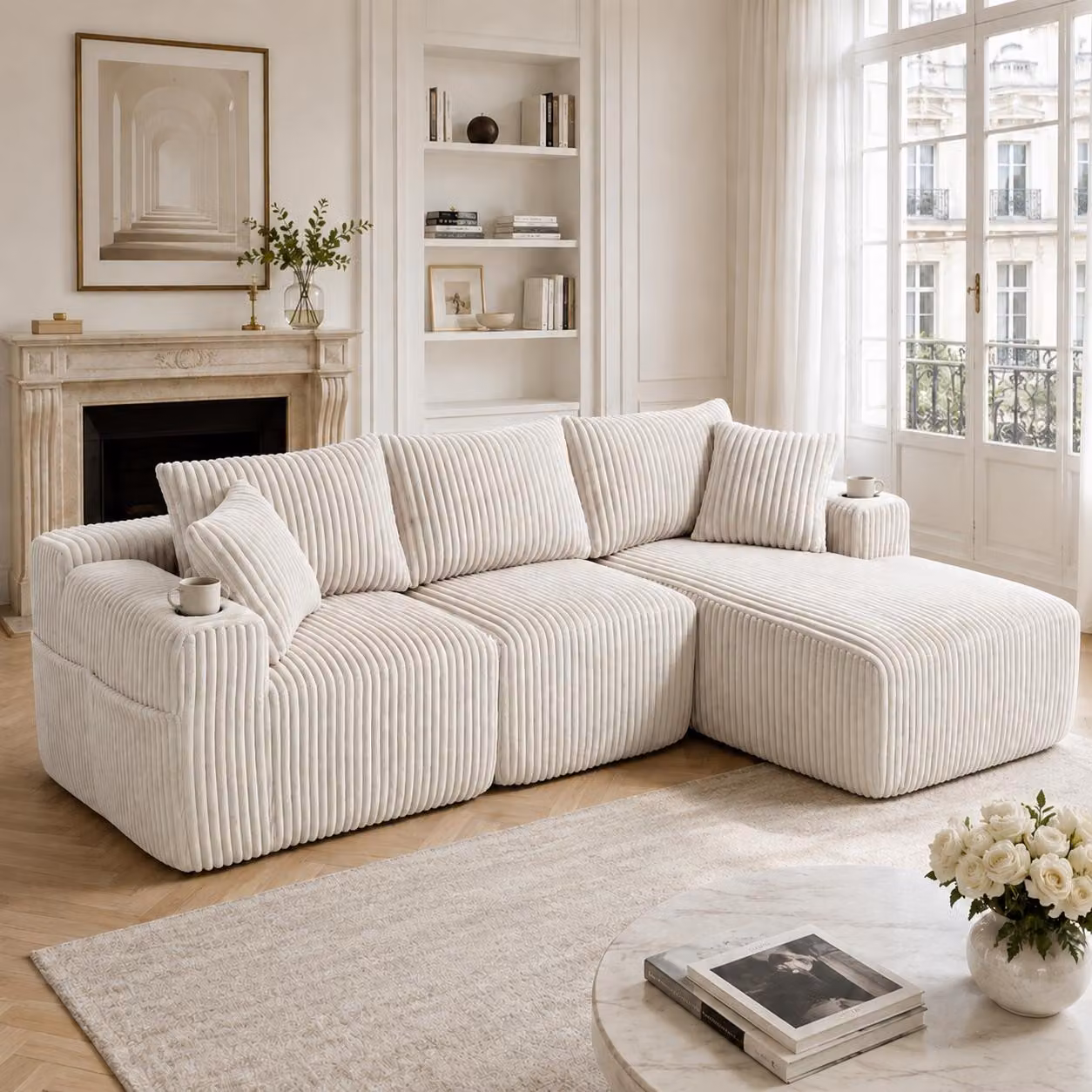 Divano modulare con chaise longue e divanetto a due posti, rivestito in tessuto morbido, completo di 5 cuscini, tasche laterali e portabicchieri, imbottitura in schiuma ad alta densità