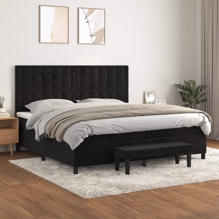 vidaXL Letto Ibrido con Giroletto a Molle e Materasso in Velluto Nero, L/P/H: 200 x 200 x 128 cm