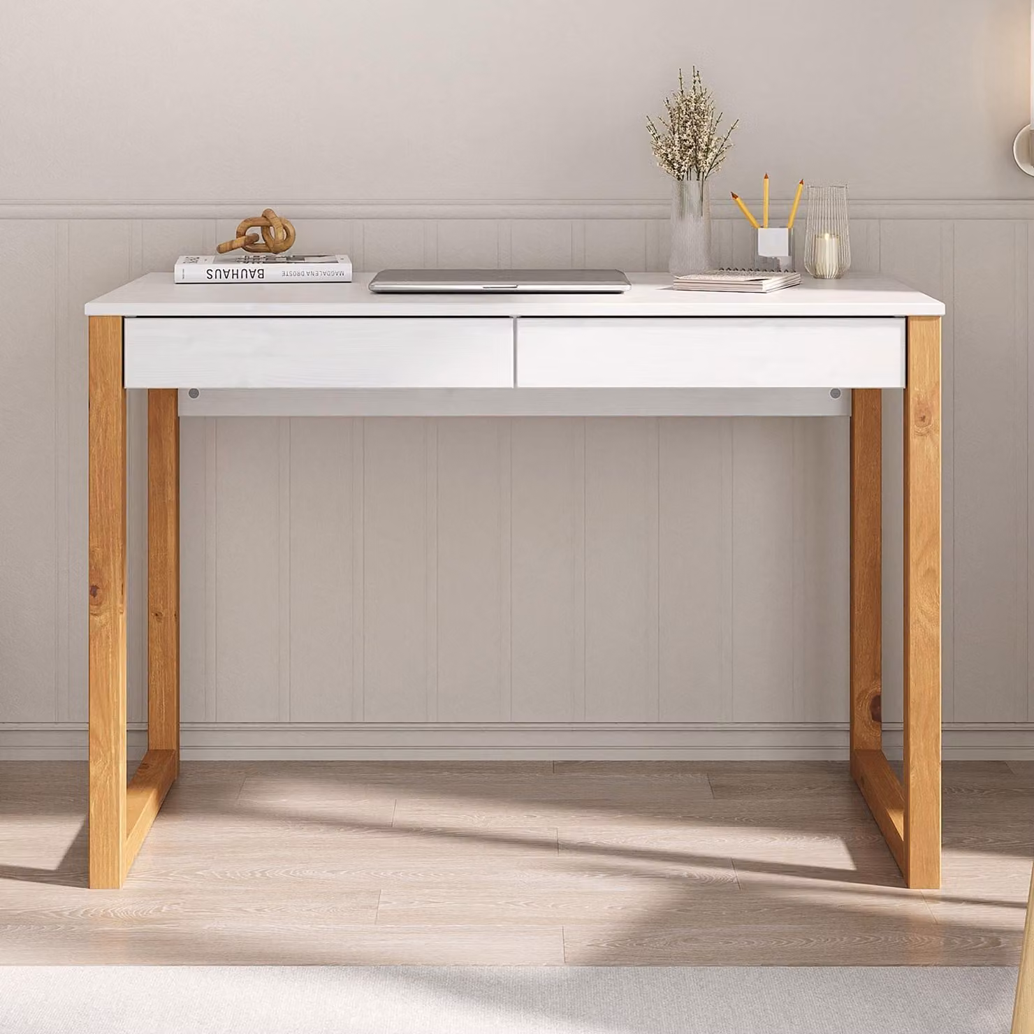 Scrivania NOAH con 2 cassetti in legno massello nei colori bianco e rovere - Robuste scrivanie per computer, mobili per studio, scrivania con spazio contenitivo, mobili da ufficio