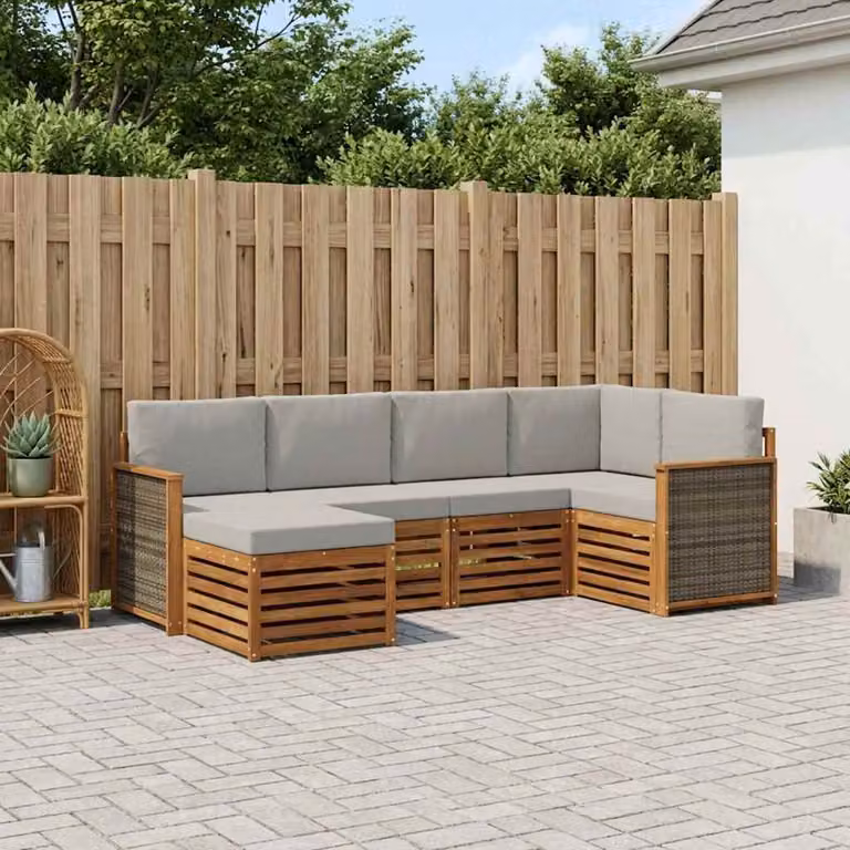 Set di divani da esterno vidaXL a forma di L composto da 5 pezzi in legno di acacia con cuscini inclusi, colori beige, grigio e marrone