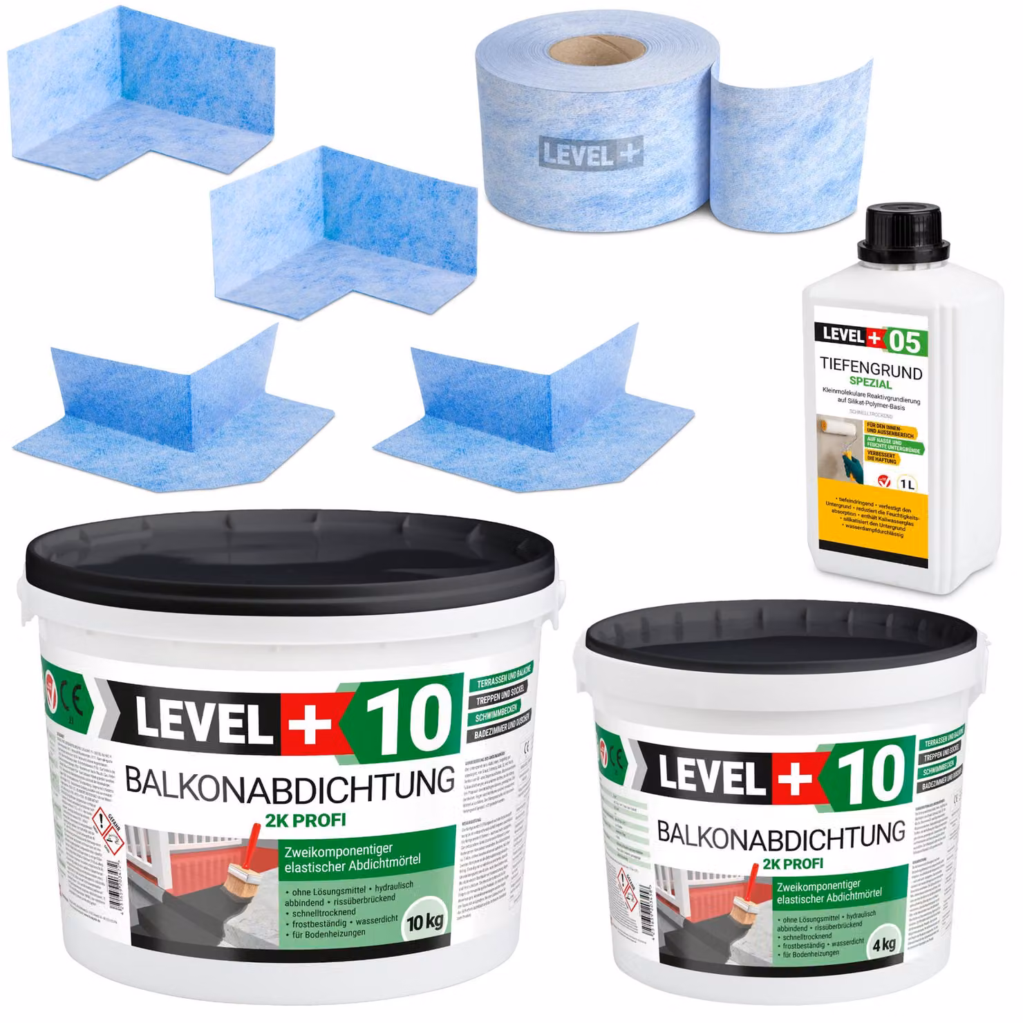 Kit impermeabilizzante Malta impermeabilizzante 2K 14 kg Primer 1 l Nastro B04 10 m Angoli Level+SET31