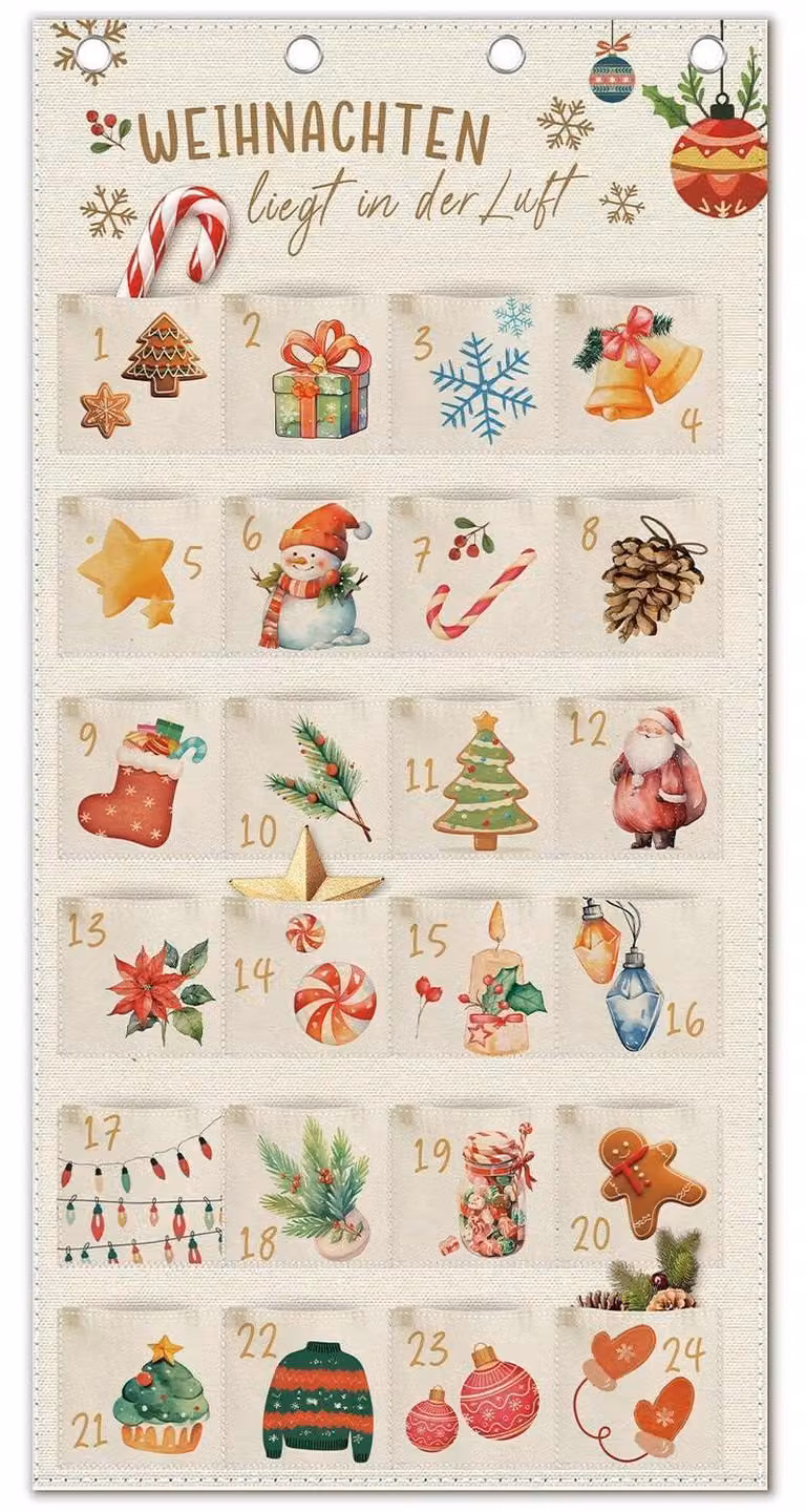 Calendario dell'Avvento in tessuto, riutilizzabile, con 24 tasche. Calendario da parete, dimensioni 120x60 cm