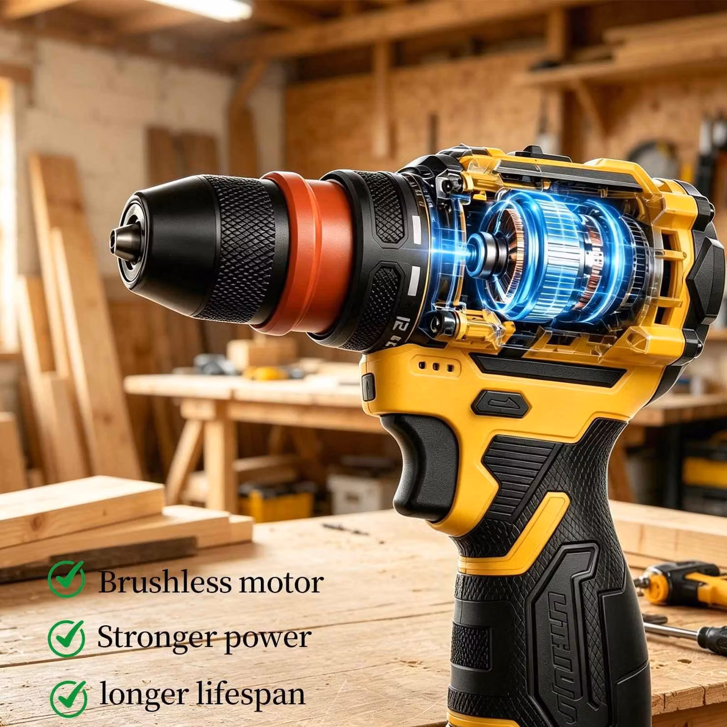 Trapano avvitatore a batteria AIORBER, 21V, set con 2 batterie, trapano avvitatore a batteria brushless a 2 velocità, trapano avvitatore a percussione con accessori e custodia, colore giallo e nero
