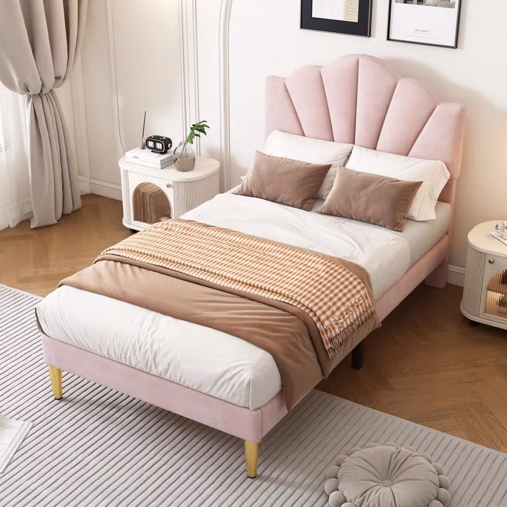 Letto imbottito REDOM in velluto rosa con testiera regolabile L/P/H: 90 x 200 cm – 2