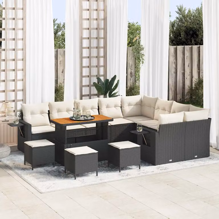 Set Divano da Giardino Moderno vidaXL in Polyrattan Nero con Cuscini e Tavolino da Esterno a Forma di U composto da 13 Pezzi