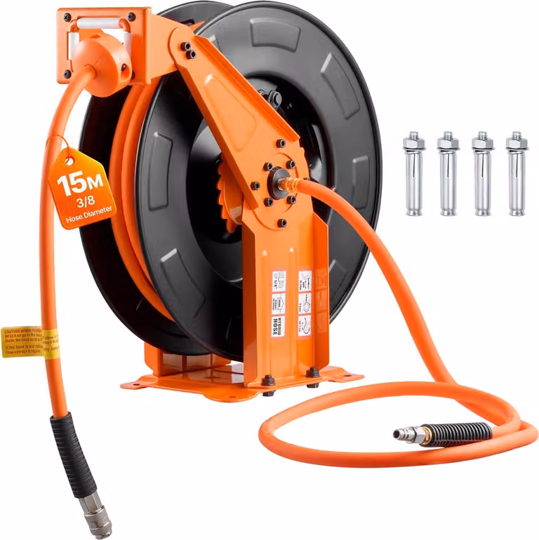 Avvolgitubo per aria compressa - Avvolgitubo 15 m x 9,5 mm - Avvolgimento automatico - Fino a 20 bar - Montaggio a parete/soffitto - Supporto a doppio braccio - Cavo di alimentazione 1,52 m - Tubo ibrido