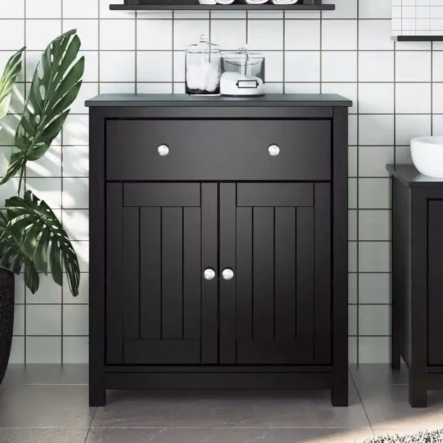Mobiletto da bagno rustico in pino nero massello con ante e cassetto HELLOSHOP26 L: 69,5 cm, P: 34 cm, H: 80 cm