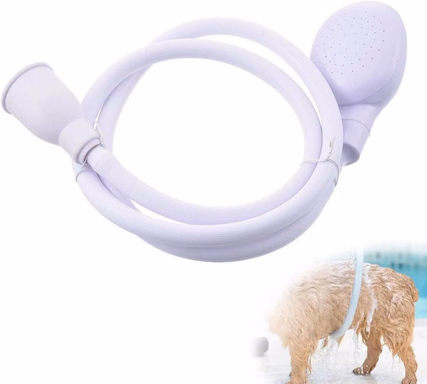 Doccia per animali domestici con tubo flessibile, bianca, con attacco flessibile, ideale per la cura degli animali