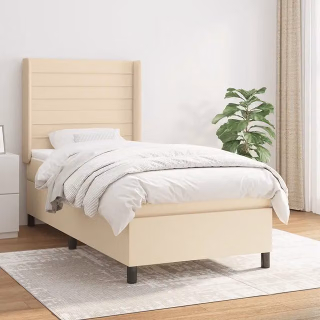 Letto Ibrido vidaXL con Giroletto a Molle e Materasso in Tessuto, Beige e Bianco, L/P/H: 90 x 200 x 203 cm