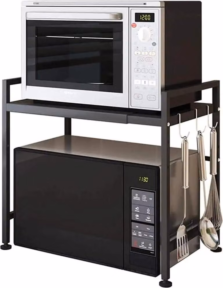 Ripiano scorrevole per microonde - Supporto estraibile - Altezza regolabile - Scaffale da cucina - Struttura in metallo - Colore nero