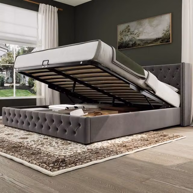 Letto imbottito contenitore matrimoniale ¨C Minimal ¨C Grigio velluto 180x200cm idraulico