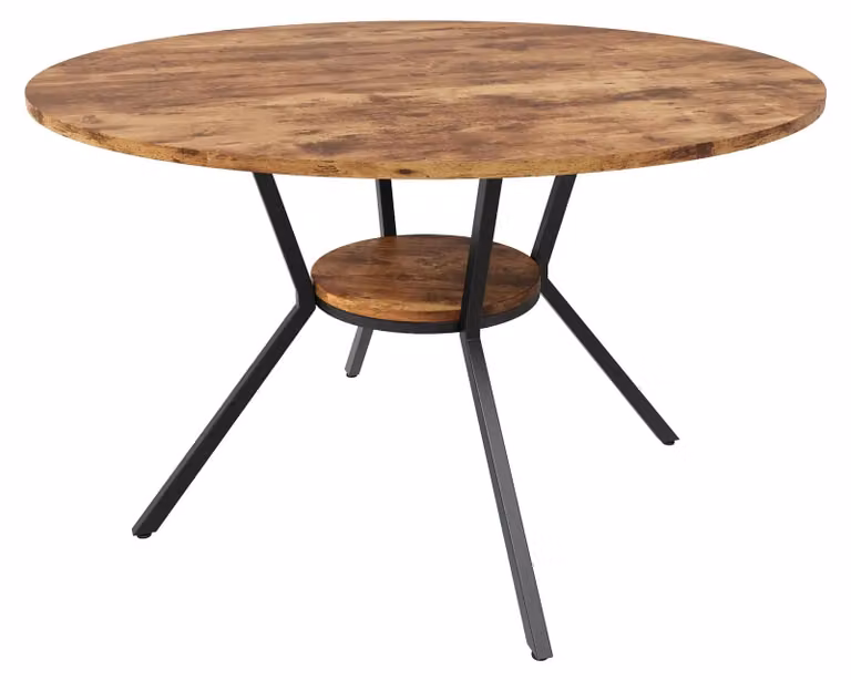 Tavolo rotondo da pranzo - Tavolo da pranzo in MDF - Diametro 120 cm - Adatto per 6 persone - Piano con ripiano inferiore - Base a croce in metallo nero - Aspetto legno color vintage marrone