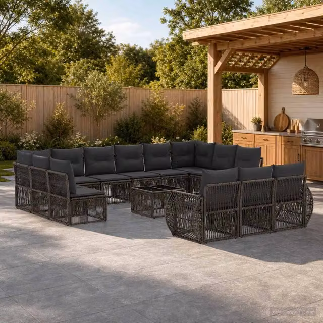 Set Divano da Giardino vidaXL a Forma a U in Polyrattan Grigio e Antracite con 14 Pezzi e Cuscini Inclusi