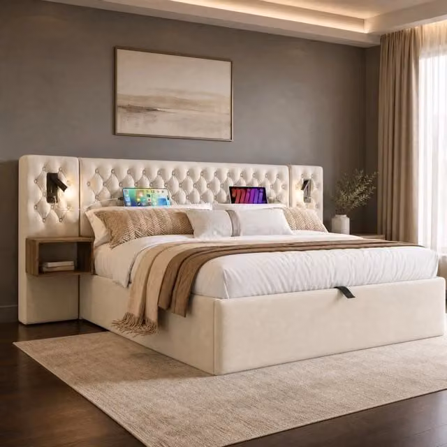 Letto Contenitore Idraulico REDOM in Velluto Beige con Comodini, Luce Integrata e Porte USB, L/P: 180 x 200 cm – 1