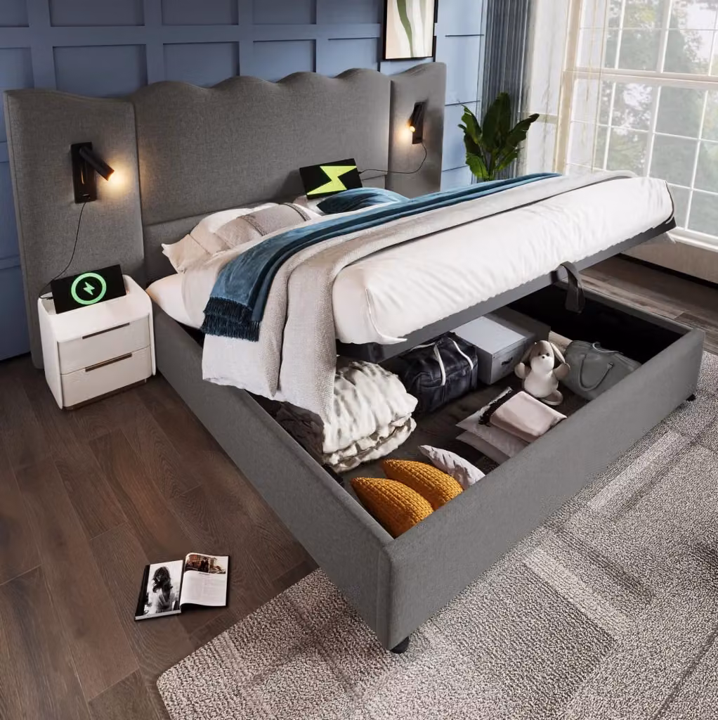 Letto matrimoniale MODFU con contenitore a sollevamento, luce da lettura integrata, porte USB e mensola laterale, grigio, L/P: 160 x 200 cm – 2