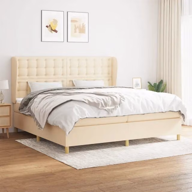 Letto Ibrido vidaXL con Giroletto a Molle e Materasso in Tessuto Beige e Bianco L/P/H: 200 x 203 x 128 cm