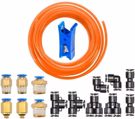 Tubo flessibile in poliuretano, lunghezza 10 metri - Tubo flessibile per aria compressa - Diametro esterno 6 mm / Diametro interno 4 mm - 14 raccordi pneumatici
