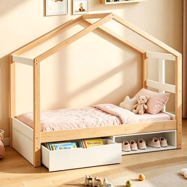 Letto a casetta 90x190 cm con cassetto; scarpiera e luci LED