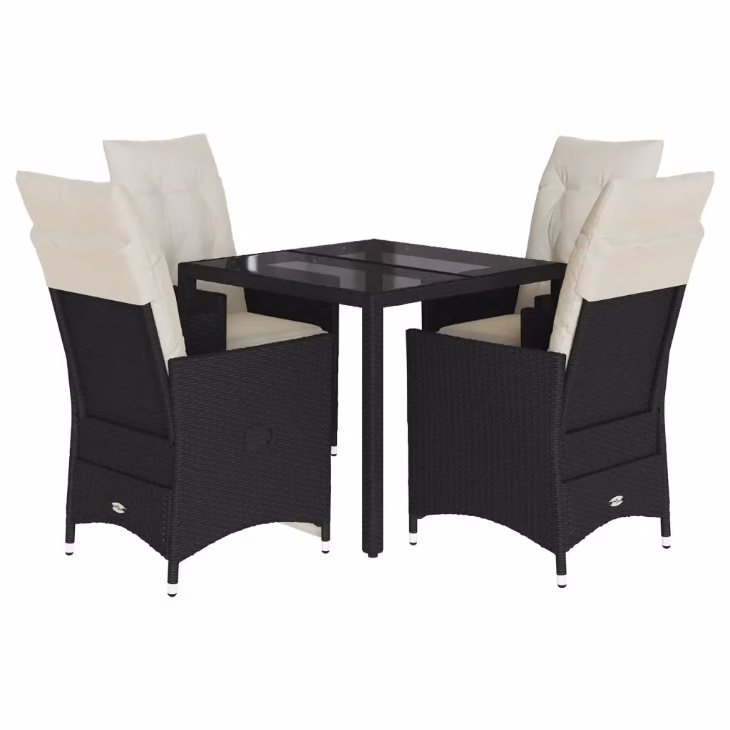 Set da Pranzo da Giardino vidaXL 5 pz in Polyrattan Nero con Piano in Vetro e Cuscini – 2