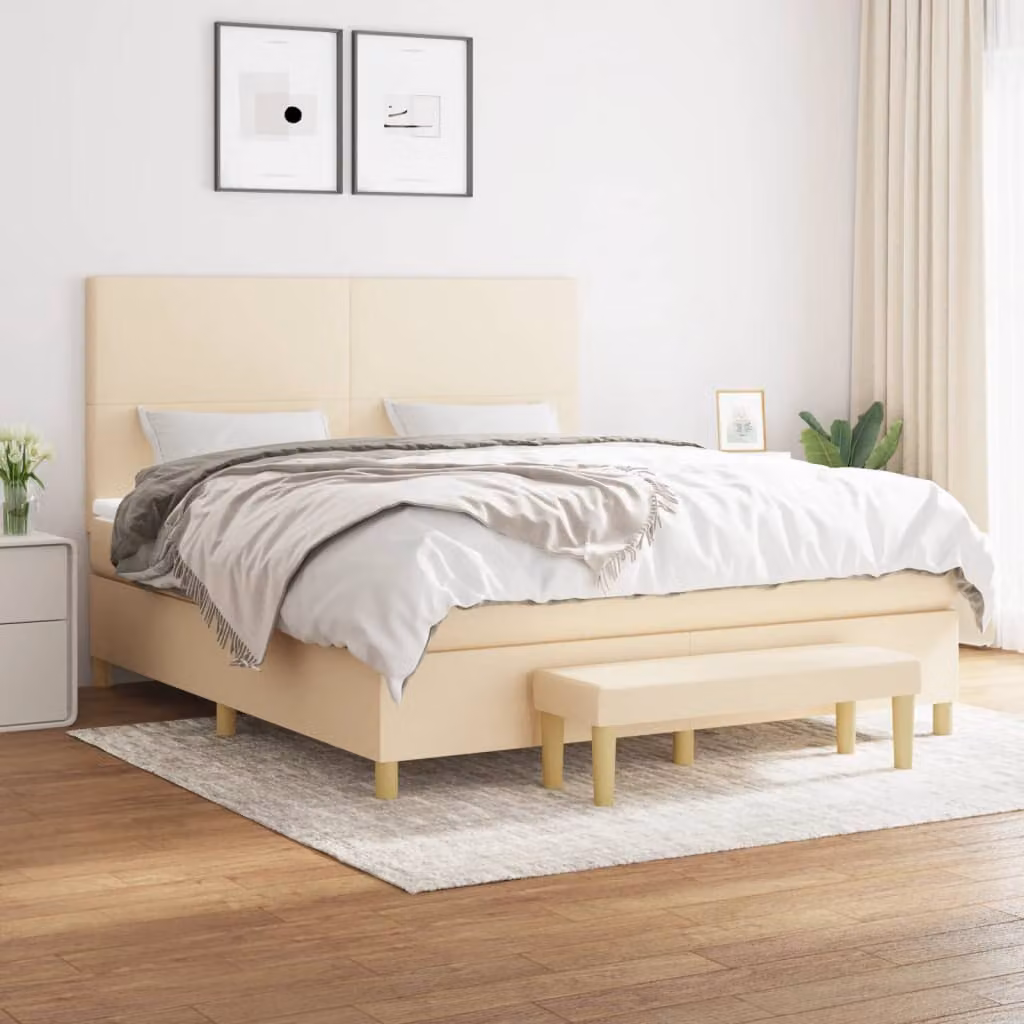 vidaXL Giroletto a Molle Ibrido con Materasso in Tessuto Beige e Bianco L/P/H: 160 x 200 x 28 cm