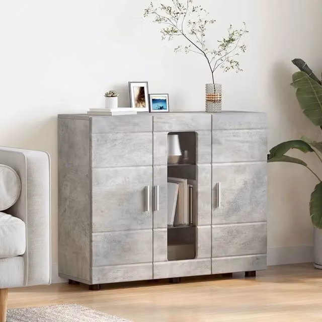 Credenza Buffet Moderna vidaXL in Legno Grigio con Ante in Vetro per Cucina e Soggiorno L/P/H: 73,0 x 30,5 x 88,5 cm