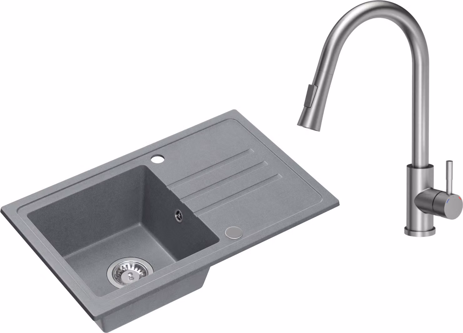 VBChome Lavello in granito grigio con rubinetto 70 x 44 cm Lavello da incasso a vasca singola Macchiettato Reversibile Lavello in granito Sifone Rubinetto per lavabo Inox Bocca estraibile