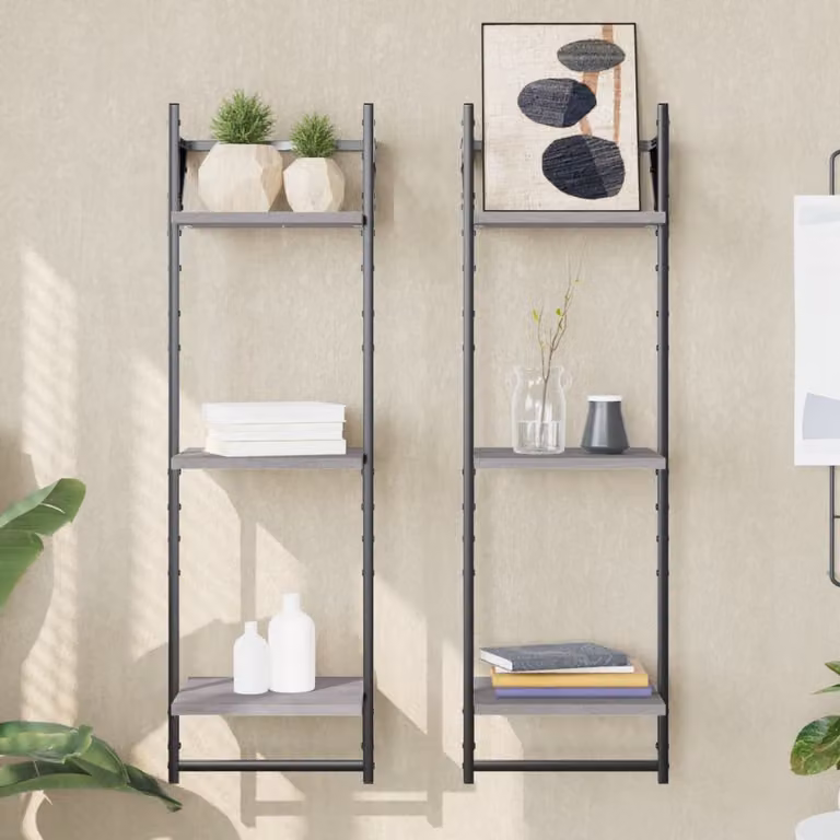 vidaXL Set di 2 Mensole a Parete con Aste in Legno e Metallo, Grigio, L 30 cm x P 25 cm x H 100 cm