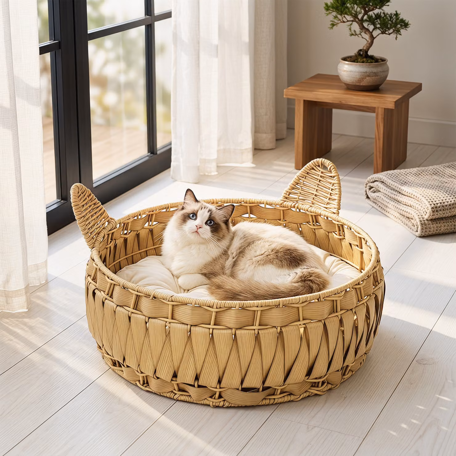 Cuccia per gatti PawHut in rattan con cuscino rimovibile, Marrone Chiaro, L: 50 cm, P: 50 cm, H: 25 cm – 2