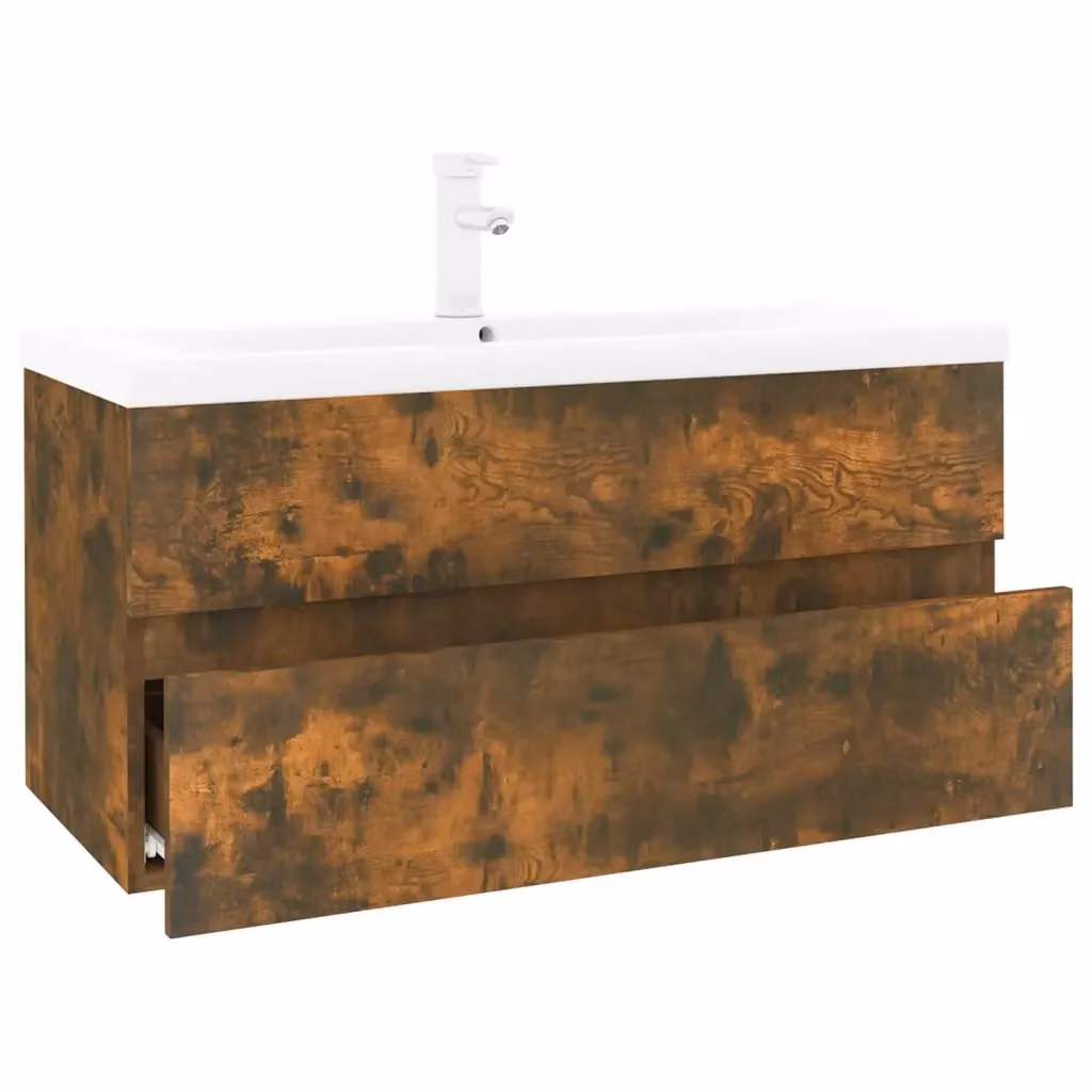 Mobile Bagno Sospeso vidaXL in Legno Rovero con Lavabo Integrato, Colore Bianco e Marrone, L: 90 cm, P: 45 cm, H: 38,5 cm – 2