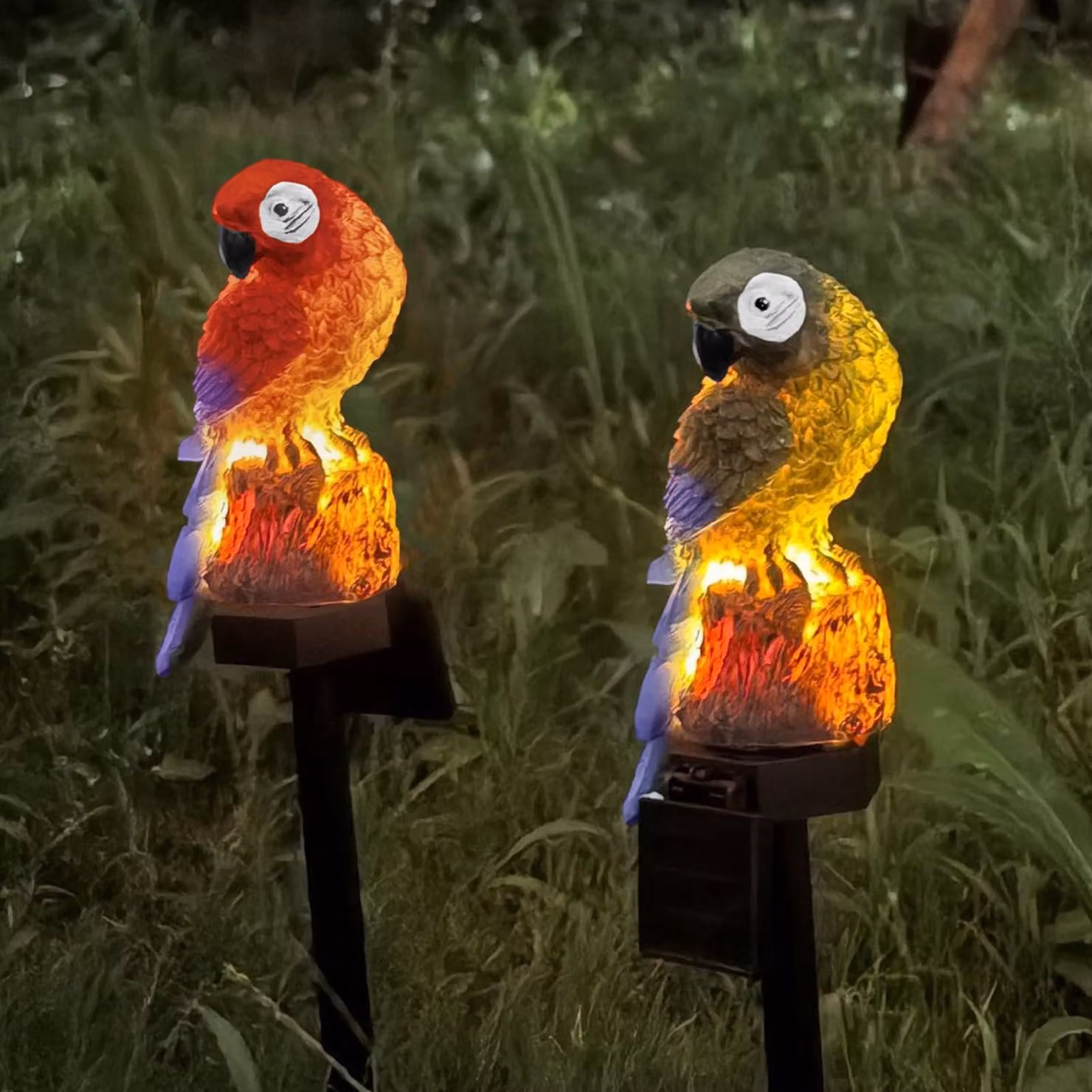 2 luci solari per giardino a forma di pappagallo, 42 cm, luce bianco caldo, colore rosso, materiale: resina
