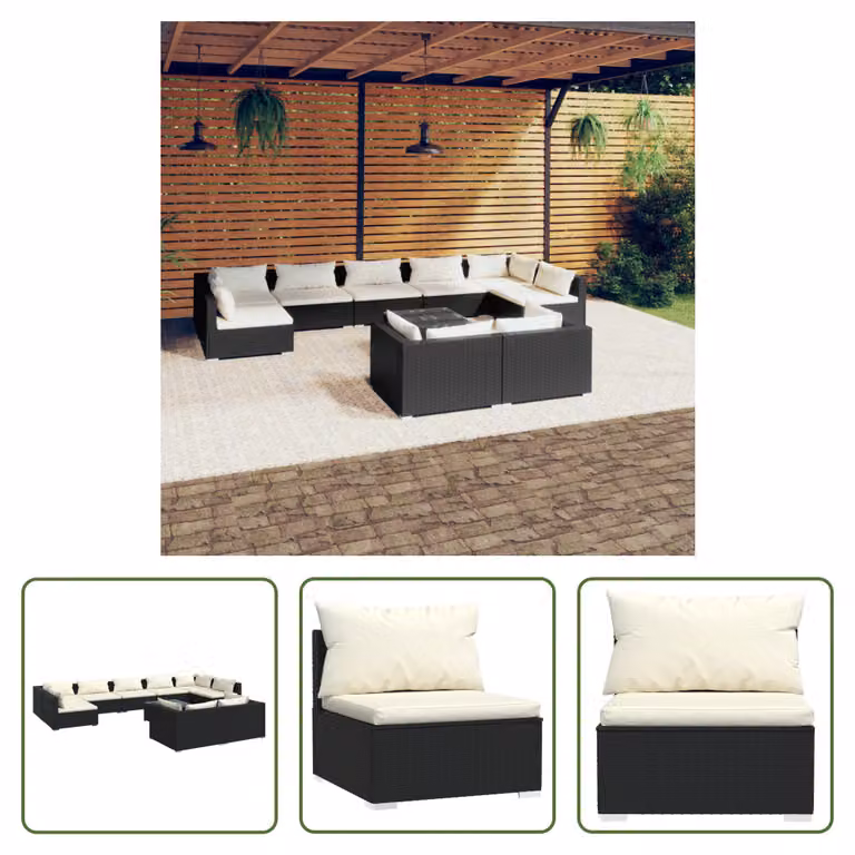 The Living Store Set da giardino da 10 pezzi con cuscini in poly rattan nero