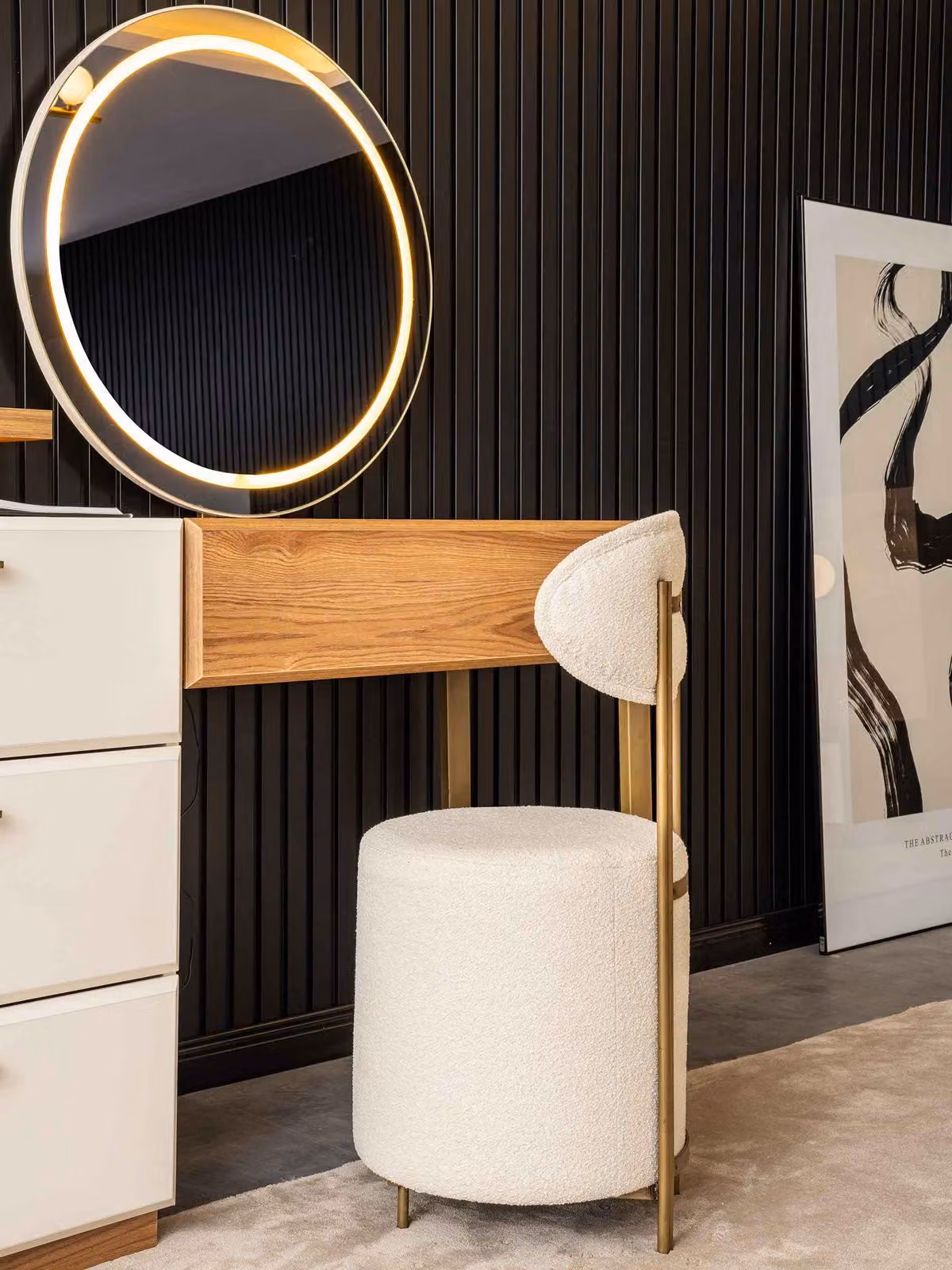 Braun-Weiße Schlafzimmer Garnitur Schminktisch Polsterhocker Spiegel