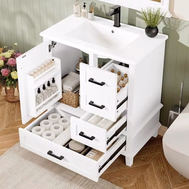 Mobile sottolavabo con lavabo in ceramica, 3 cassetti e ripiano interno, per bagno, bianco, 76 × 46 × 83,5 cm