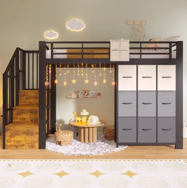 Letto a soppalco in metallo 90x200 cm con cassetti, appendiabiti, ringhiera e scala con contenitori, nero