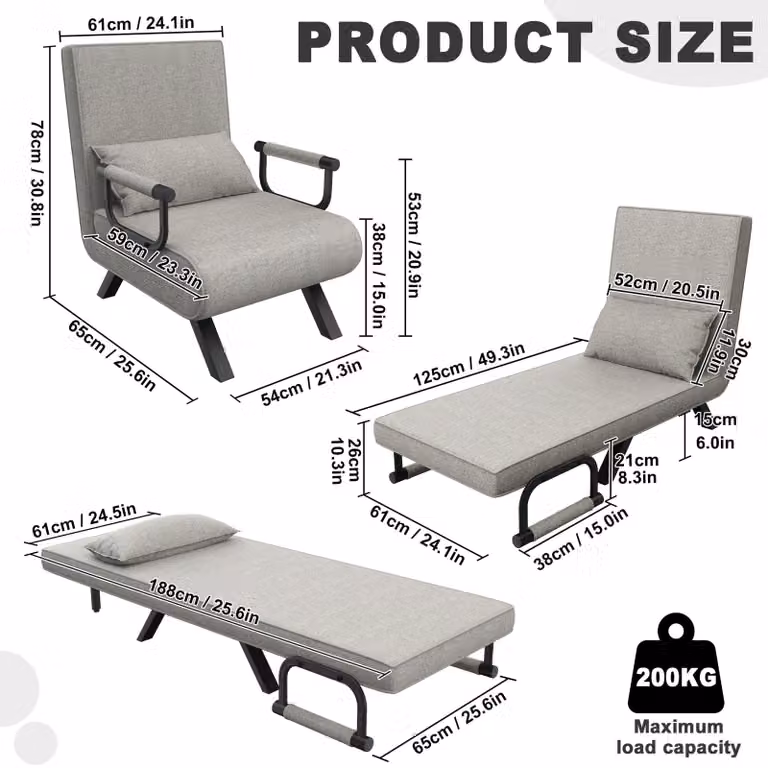Divano letto – Divano multifunzione 3 in 1 – Schienale regolabile – Struttura in acciaio robusta