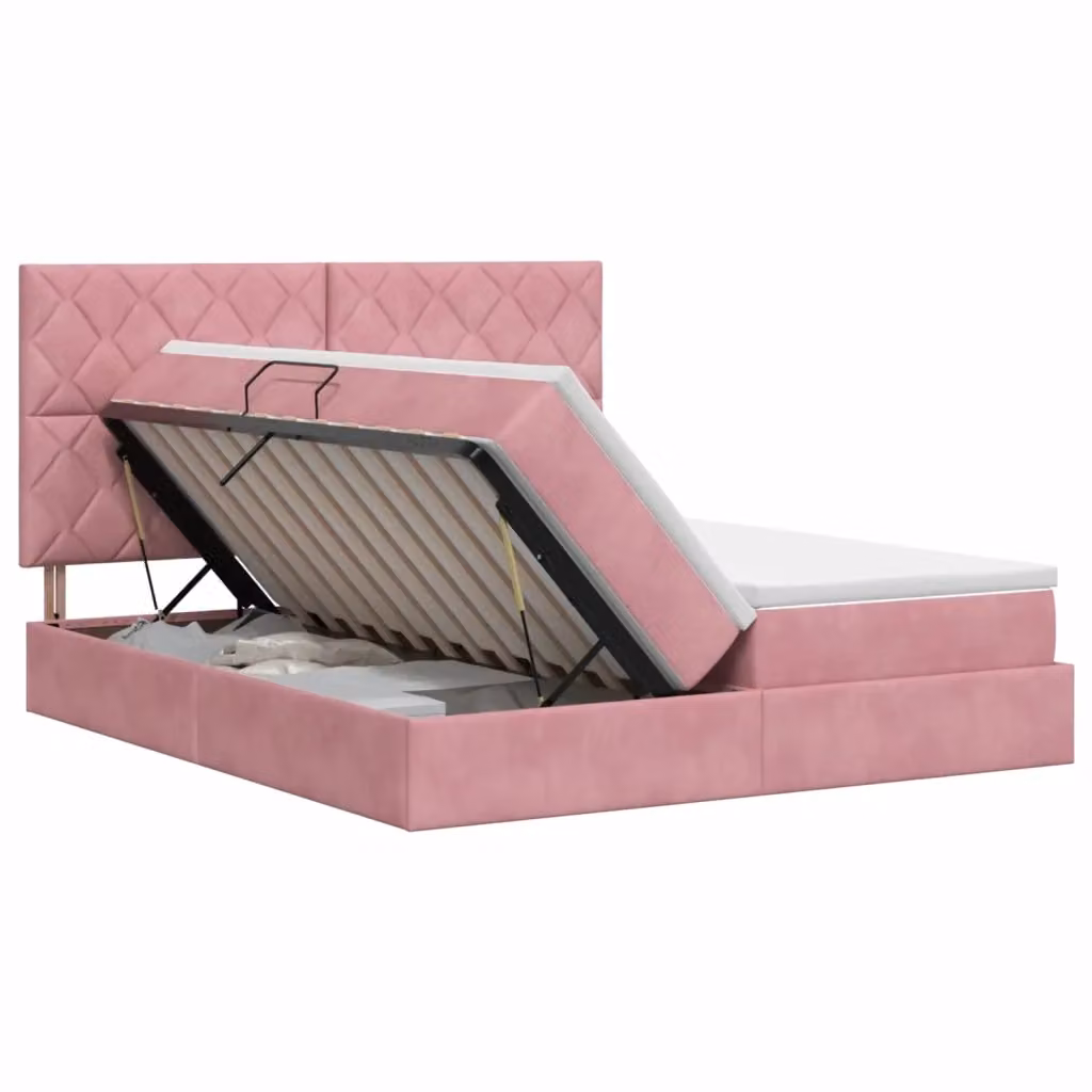 Letto con Contenitore Moderno vidaXL in Velluto Rosa con Testiera Geometrica L: 180 cm, P: 200 cm, H: 140 cm – 2