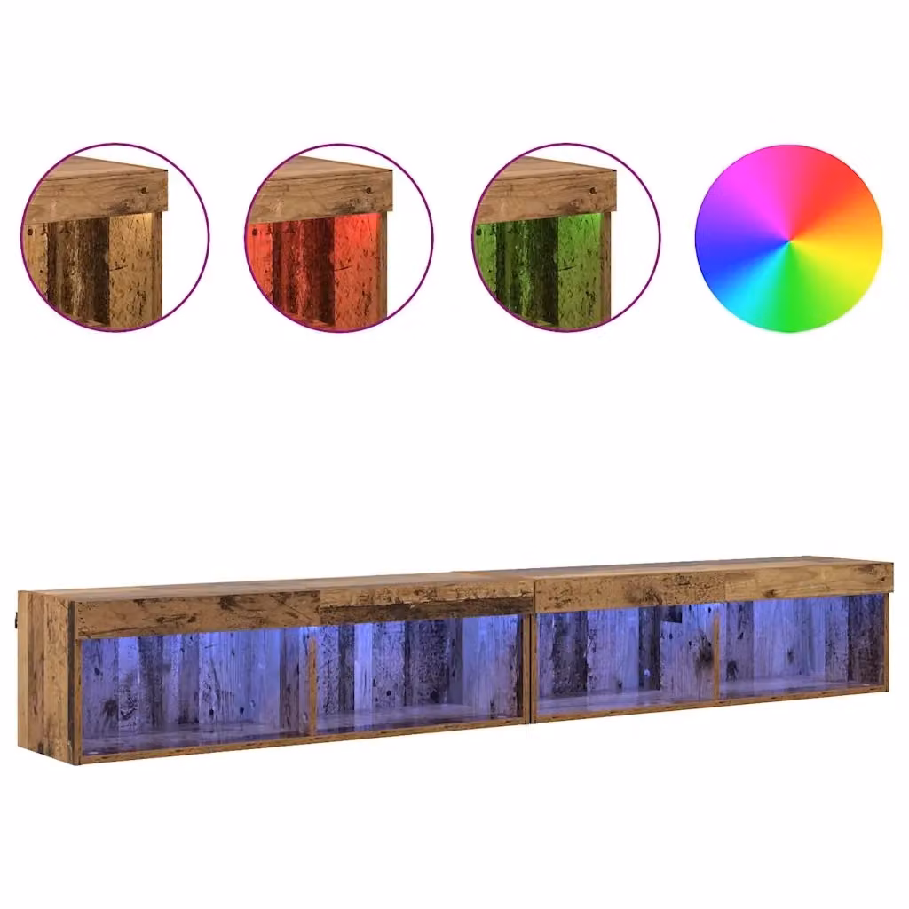 Set di 2 mobili porta TV moderni da parete con illuminazione a LED HELLOSHOP26 in legno composito anticato, multicolore, L 100 x P 30 x H 30 cm – 2