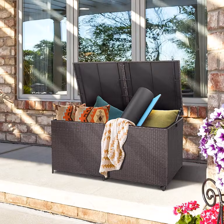 Contenitore per cuscini in rattan da 662 litri con coperchio; contenitore da giardino con 2 rotelle e maniglia; contenitore per cuscini resistente alle intemperie con tasca interna; cassapanca per cuscini con molla a gas; contenitore portaoggetti; cassapa