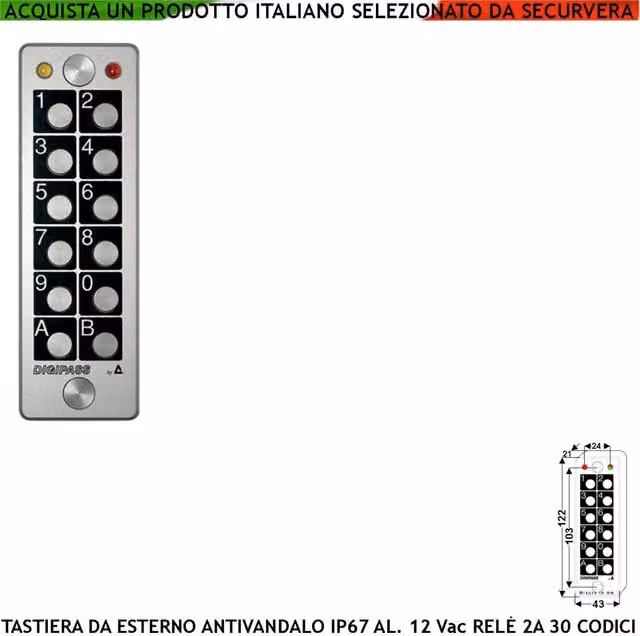 Tastiera Stand-alone Anti-Vandalo Securvera in Alluminio Argento con Decodifica Integrata LED Verde e Rosso, 30 Codici Univoci 4/6 Cifre, Relé Stabile o Monostabile, IP67 per Uso Esterno