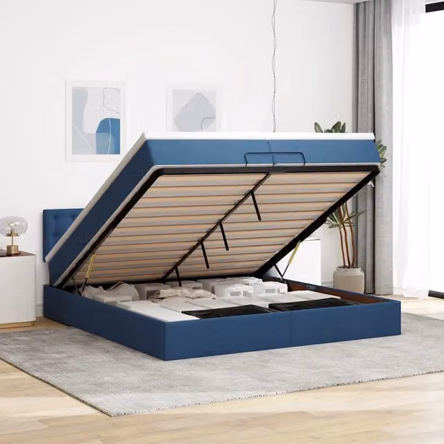 Letto con contenitore a sollevamento vidaXL in tessuto blu e bianco con illuminazione sottostante e porta USB, L/P/H: 200 x 203 x 88 cm – 1