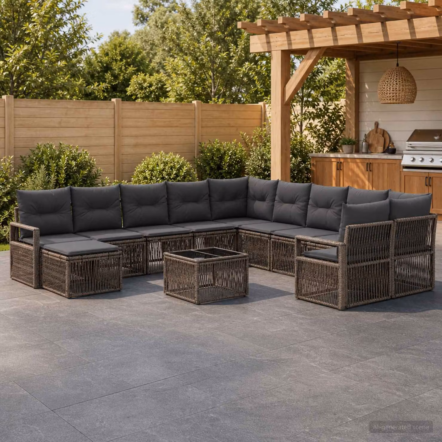 Set Divano da Giardino vidaXL a forma di U in Polyrattan Grigio con Cuscini e Tavolino