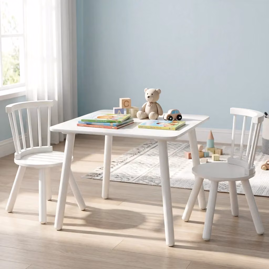 Set tavolo e 2 sedie per bambini in legno di pino bianco con design minimalista, L: 60 cm, P: 43,5 cm, H: 60 cm – 2