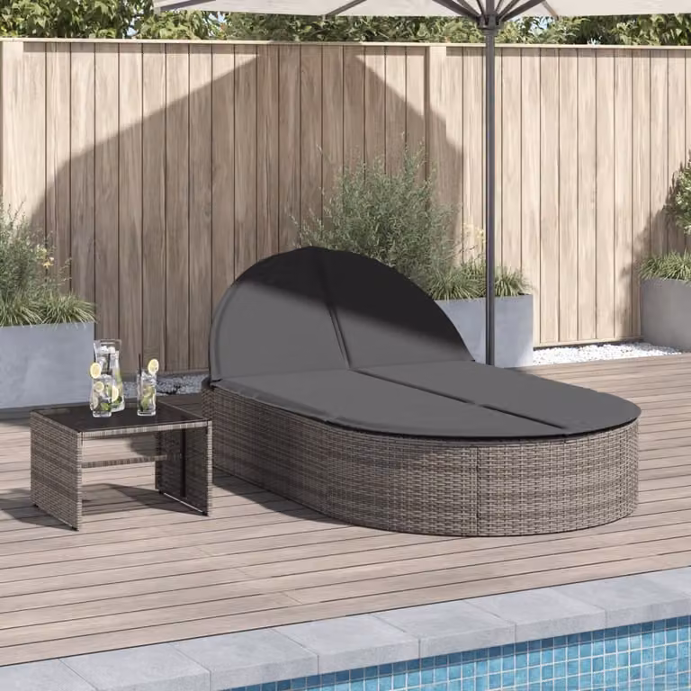 vidaXL Lettino Prendisole Doppio in Polyrattan Grigio con Cuscini e Poggiatesta Regolabile