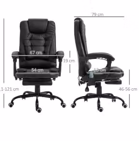 Poltrona da ufficio executive con massaggio, schienale reclinabile e poggiapiedi, colore nero, in ecopelle con base girevole a 360 gradi, H: 121 cm, L: 79 cm, P: 67 cm – 2