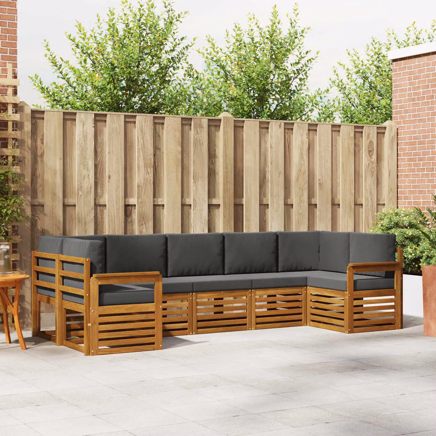 Set di divani da esterno vidaXL a forma di L composto da 7 pezzi in legno di acacia con cuscini in tessuto nei colori beige e antracite