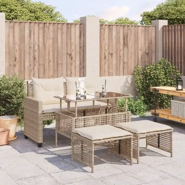 Set Divano da Giardino 4 pz con Cuscini-Sofa da Giardino-Divanetto da esterno Beige Polyrattan Vetro 348638