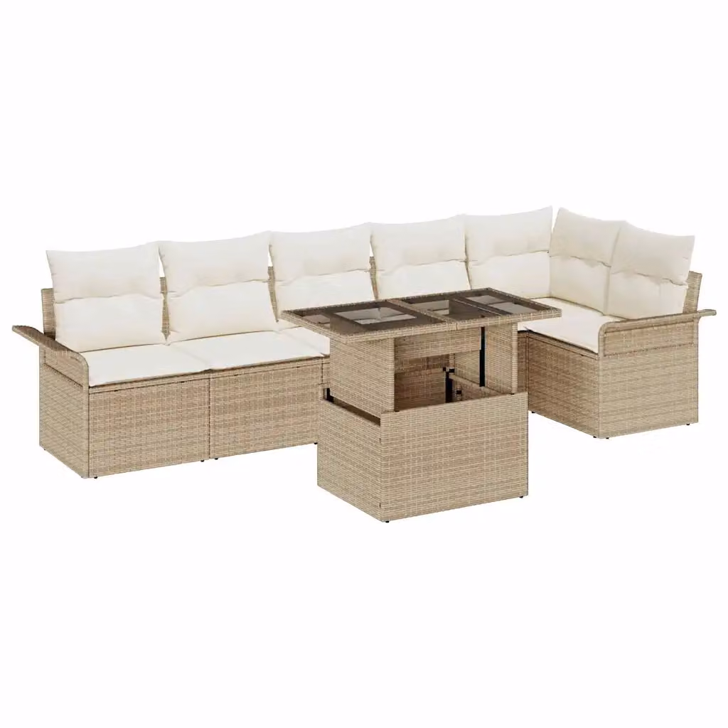 Set Divano da Giardino vidaXL 7 Pezzi Beige con Cuscini e Tavolino in Vetro